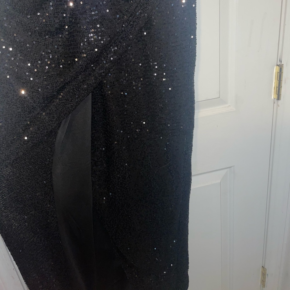 Black sparkle dress with cris cross back and slit in front